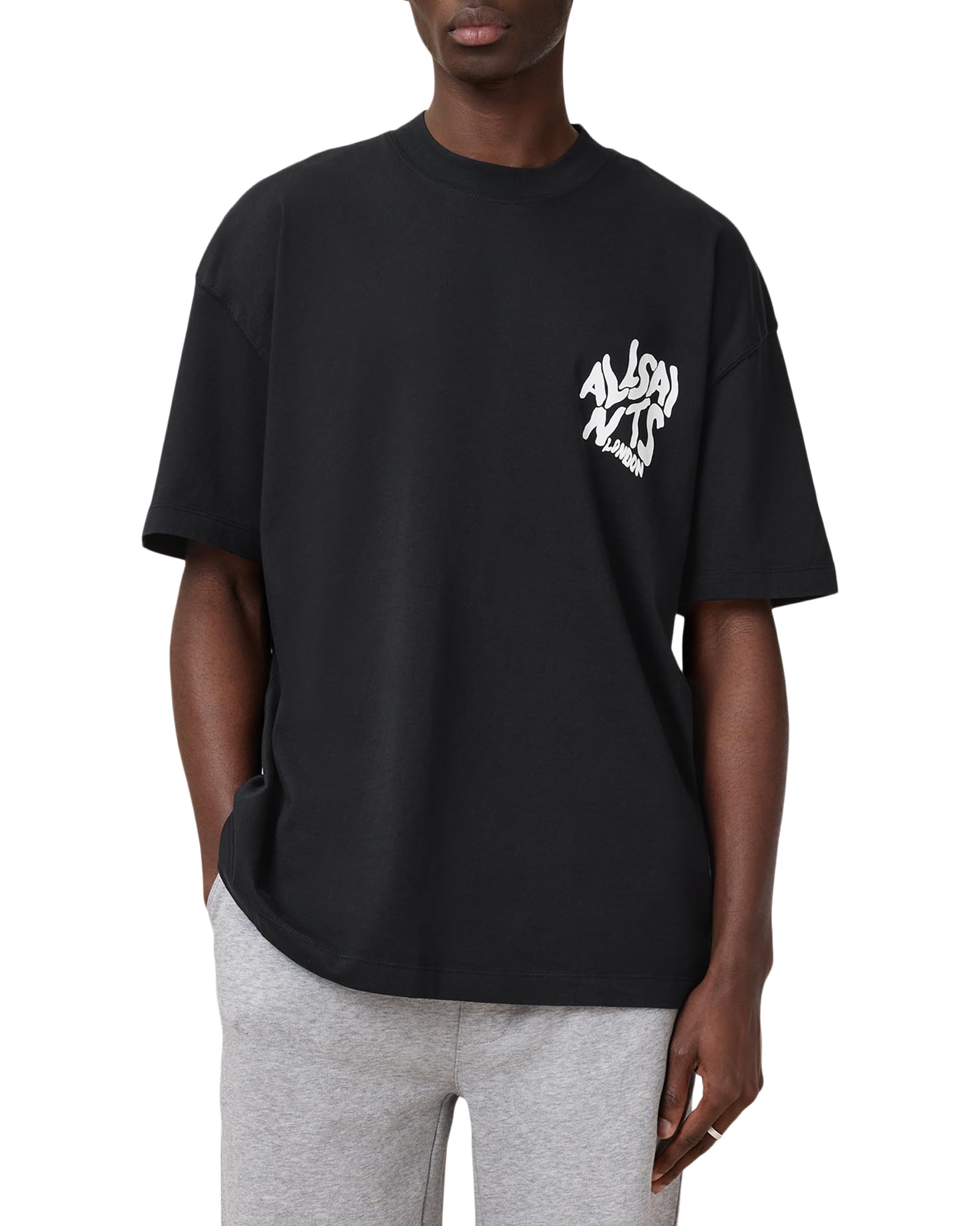 Allsaints Men's Jet Black All Saints Orlando Ss Crew Graphic T-Shirt, Xl