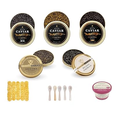 BESTER CAVIAR Expert Sampler Set (5 x 1.06 oz) – Caspian, Royal & Classic Osetra, Siberian, and Beluga Hybrid Samplers – Caviar Serving Set with 2 Blinis, Crème Fraîche & 5 Spoons