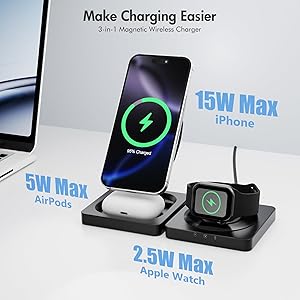 Magnetic Wireless Charger for iPhone: 3 in 1 for Travel 15W Fast Charging Pad Foldable for iPhone 17 16e 16 15 14 13 12 Pro Max - for Apple Watch Ultra and AirPods Series Magnet Multiple Devices,Black