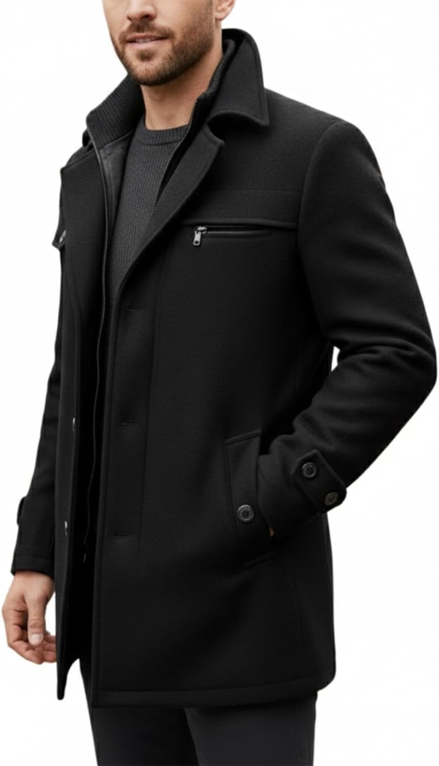 SBL SOUTH BEACH LEATHER Men's Wool Coat Warm Winter Car Coat with Detachable Soft Scarf Single Breasted Trench Coat