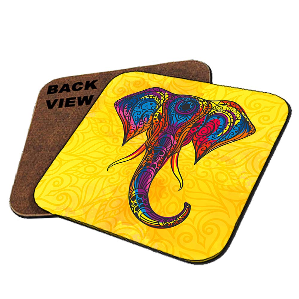 Traditional Retro Indian Elephant Oriental Ethnic Pattern Vintage Colourful Decorative Coaster, Drinks Coaster, Coffee-Tea Coaster Birthday Gift. (Square Coaster)