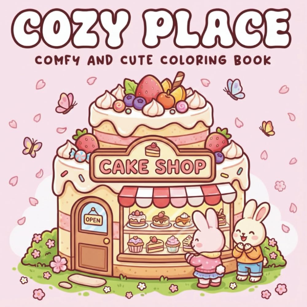 Cozy Place: Comfy and Cute Coloring Book: Adorable Designs of Cake Shops, Sweet Treats, and Kawaii Animals for Relaxation and Stress Relief