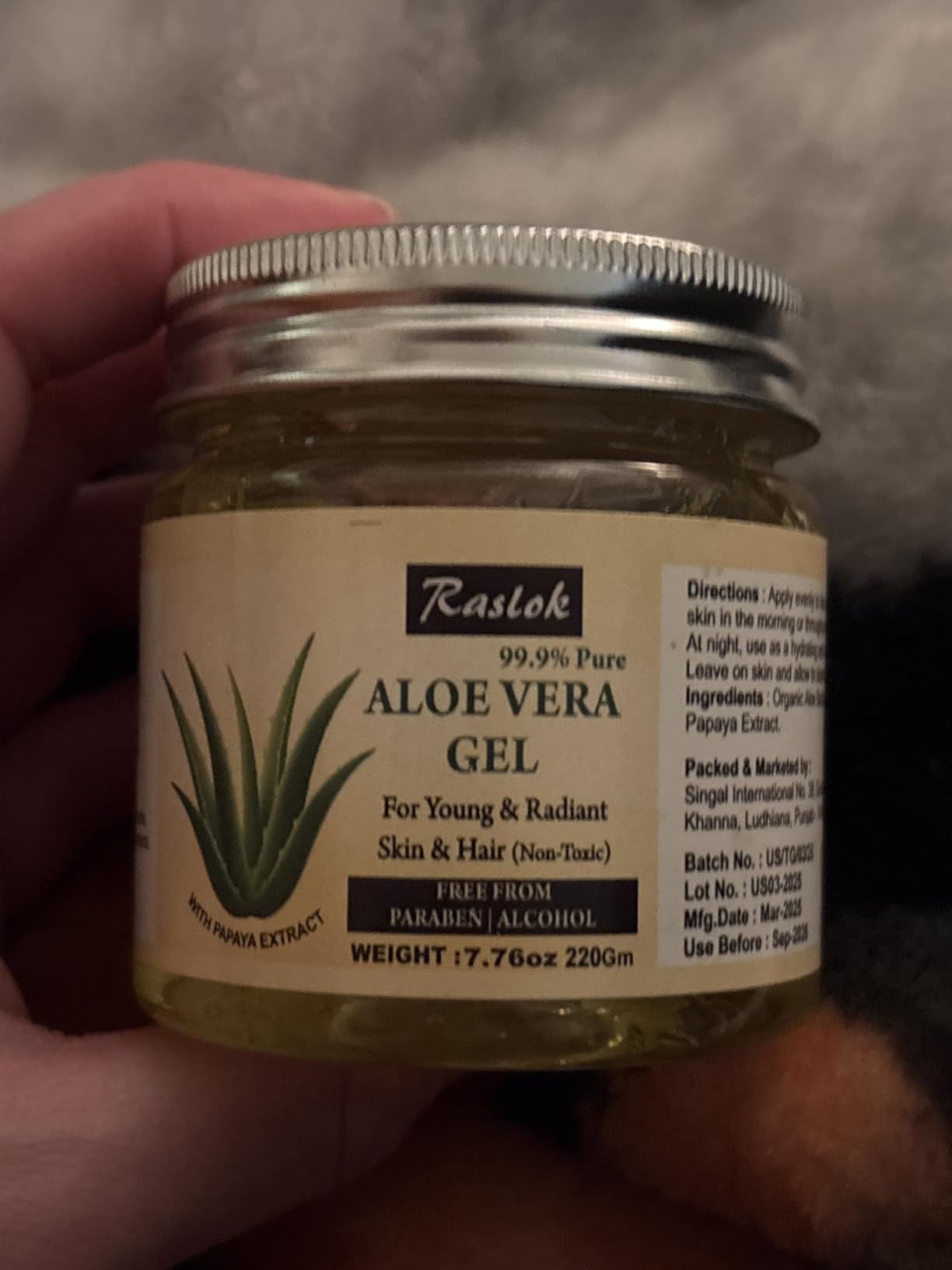 Raslok Aloe Vera Gel | Pure & Natural Aloe Gel | For Moisturizing Face Skin & Hair Care | Durable Moisturizing Hydrating Soothing Non-Sticky - 13 oz - 370gm (Natural)