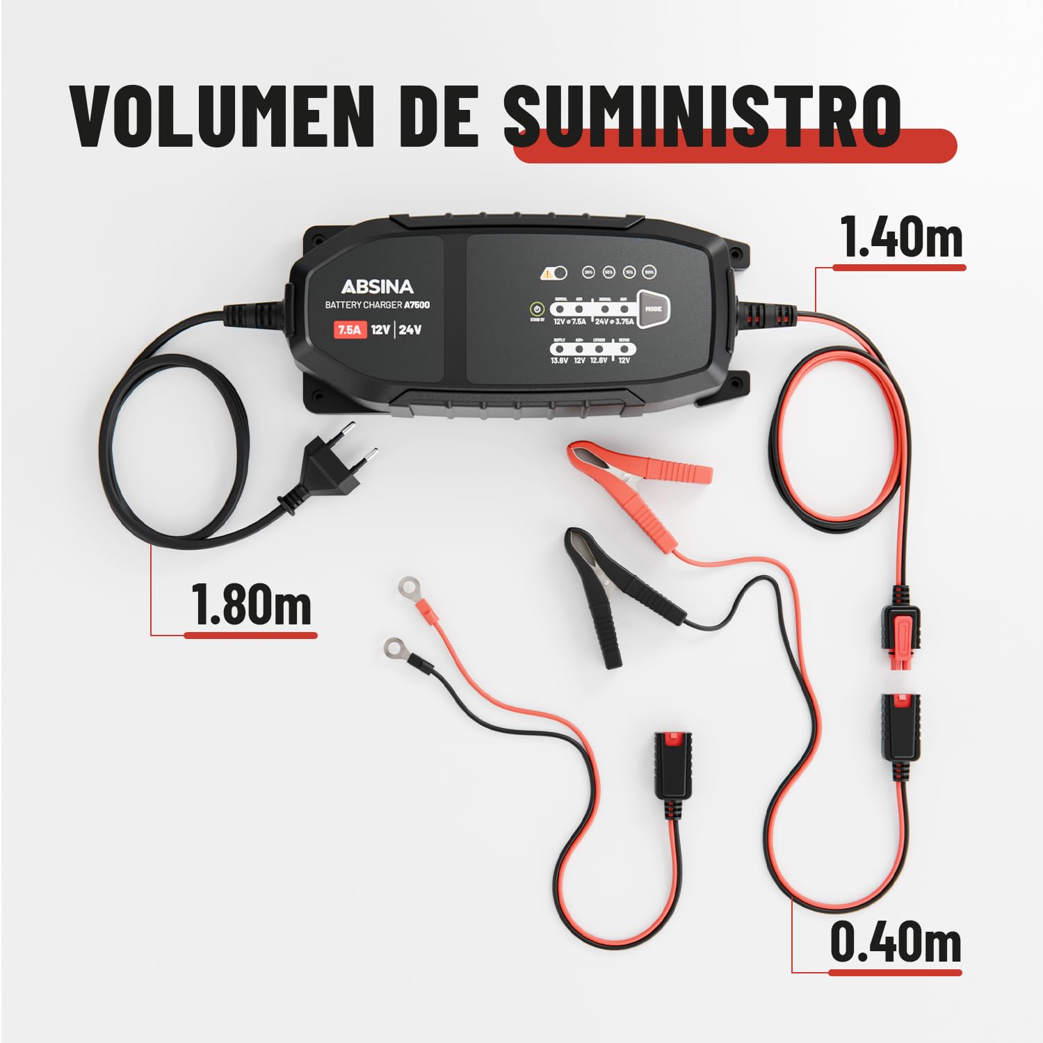 ABSINA Cargador baterias Coche 12V 24V 7,5 A para Baterías de Plomo hasta | 240Ah & 12,8V Litio - Cargador bateria moto para Coche, Autocaravana, Camión y Más - de Batería