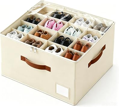 Shoe Organizer for Closet, Foldable Fabric Shoe Storage Box with Clear Lid