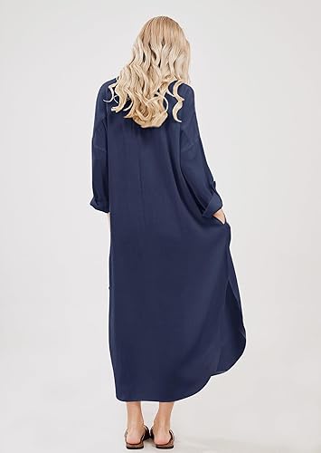 Miniatura 7 de utcoco Vestido largo casual de lino y algodón para mujer, con solapa, botones, manga con puños, abertura lateral, con bolsillos