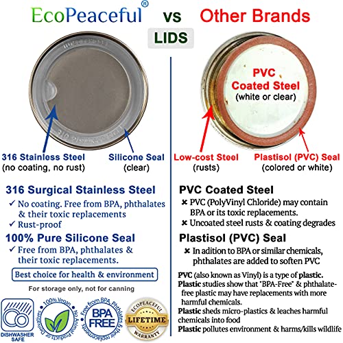 EcoPeaceful 316 Surgical Stainless Steel Mason Jar Lids WIDE Mouth -ORIGINAL DESIGN- Stackable w/Pull-Tab Silicone Seal. Rust-proof, Airtight, Leak-Proof, BPA-Free, PVC-Free, Vegan - Not for Canning by EcoPeaceful - Image 3