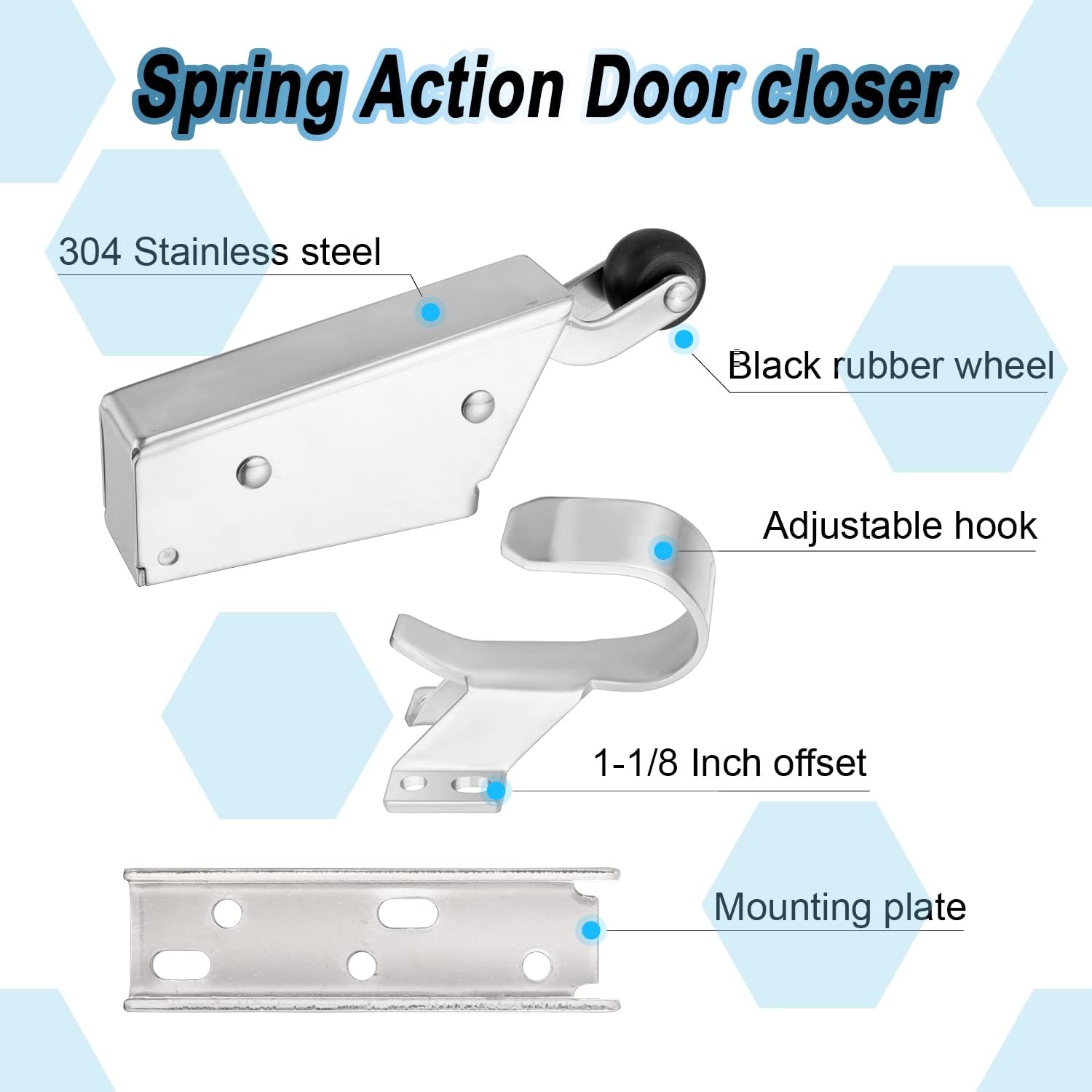 Spring Action Door Closer, Walkin Cooler Door Closer, Concealed Installation with Adjustable Hook and Matching Screws, Flush to Freezer Door 3/4 Inches Offset