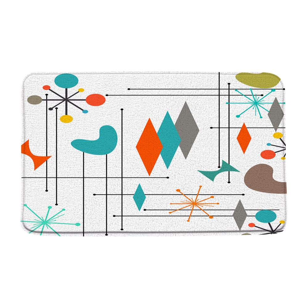 AMHNF Mid Century Modern Bath Mat Vintage Teal Gray Orange Iconic Atomic Starbursts Geometric Retro 1950S Microfiber Memory Foam Bathroom Absorbent Doormat Kitchen Toilet Floor Rug