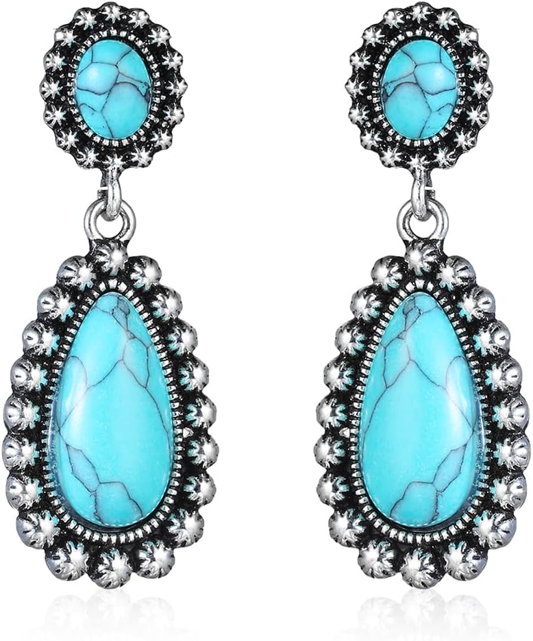 BG&WLing Turquoise Earrings 925 Sterling Silver Teardrop Dangle Drop Earring Western Bohemia Vintage Jewelry for Women