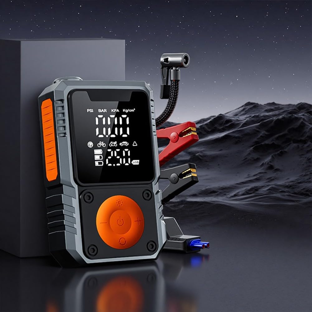Oniissy Avviatore di emergenza per auto da 7200 mAh e pompa ad aria con display LCD, 150 psi, gonfiatore portatile per pneumatici con spegnimento automatico, per auto, moto, palle da 12 V (4 x 1500