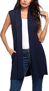 Womens Long Vests Sleeveless Draped Lightweight Open Front Cardigan Layering Vest with Side Pockets