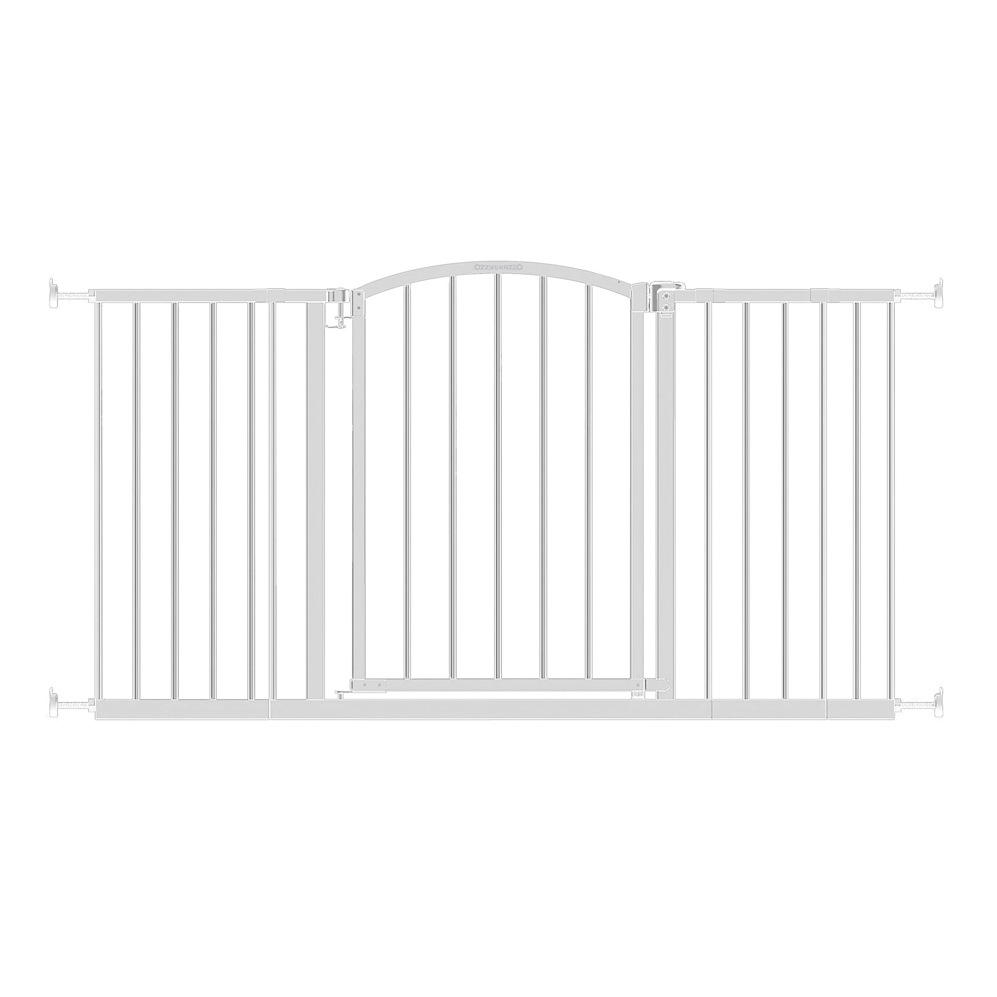 Condition photo showing New/Like New for ozzy & kazoo deluxe extra wide walk-through arch dog gate, fits openings 28-51.5'' wide, white metal dog gate, for doorways and stairways, 27'' tall
