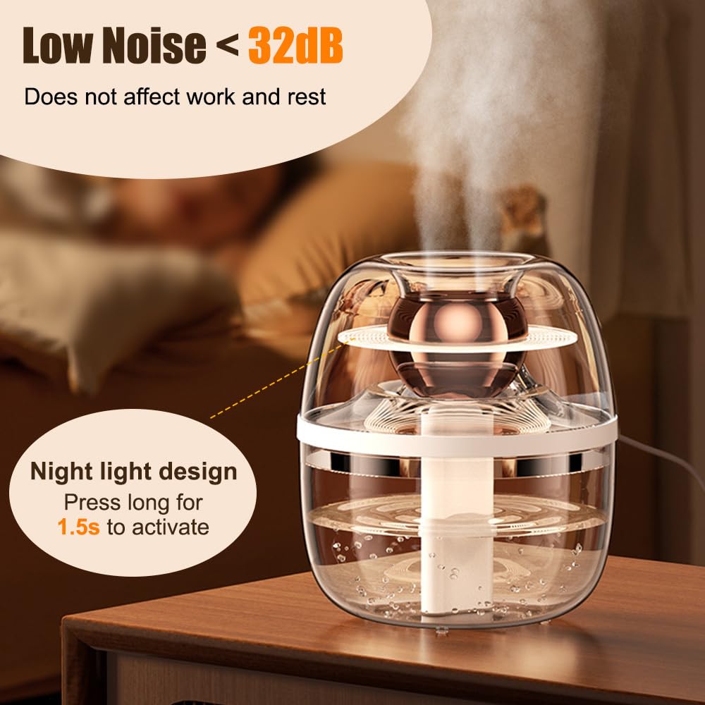 Nawilżacz powietrza, nawilżacz powietrza 3 l, podwójna dysza, 20 godzin, dyfuzor mgiełki USB o niskim poziomie hałasu <32dB, ze światłem nocnym do domu, sypialni, biura, samochodu
