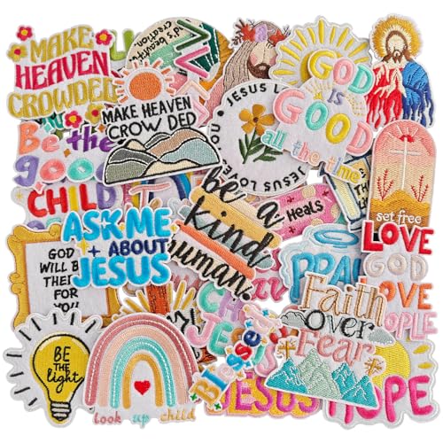 35 Pcs Christian Iron on Patches with Inspirational Bible Verses Faith Cross & Religious Embroidered Appliques for Clothes Hats Jackets Bags Etc.