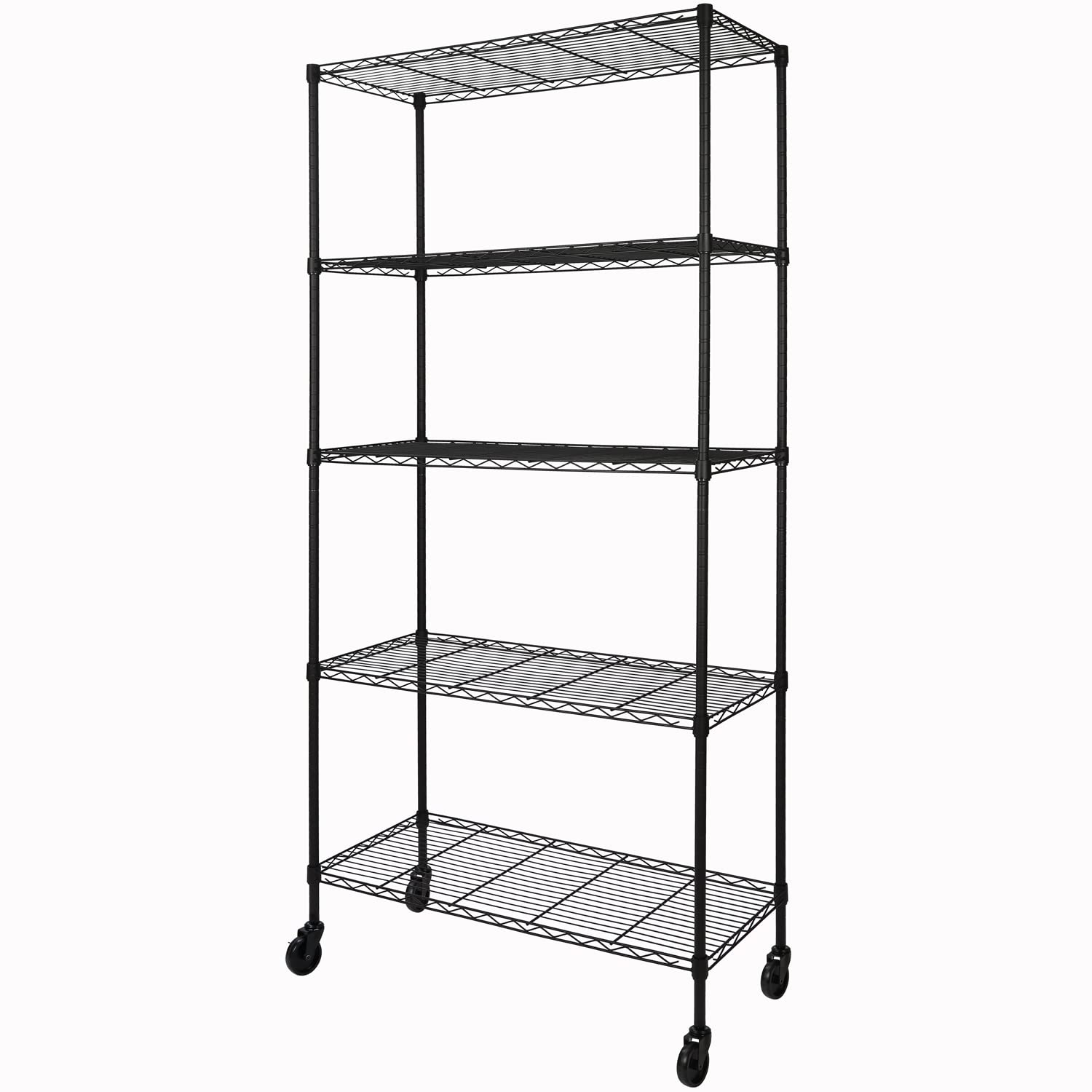 5-Shelf Adjustable Heavy Duty Storage Shelving Unit on 4 Wheel Casters, Metal Organizer Wire Rack for Laundry Bathroom Kitchen Pantry Closet, Black