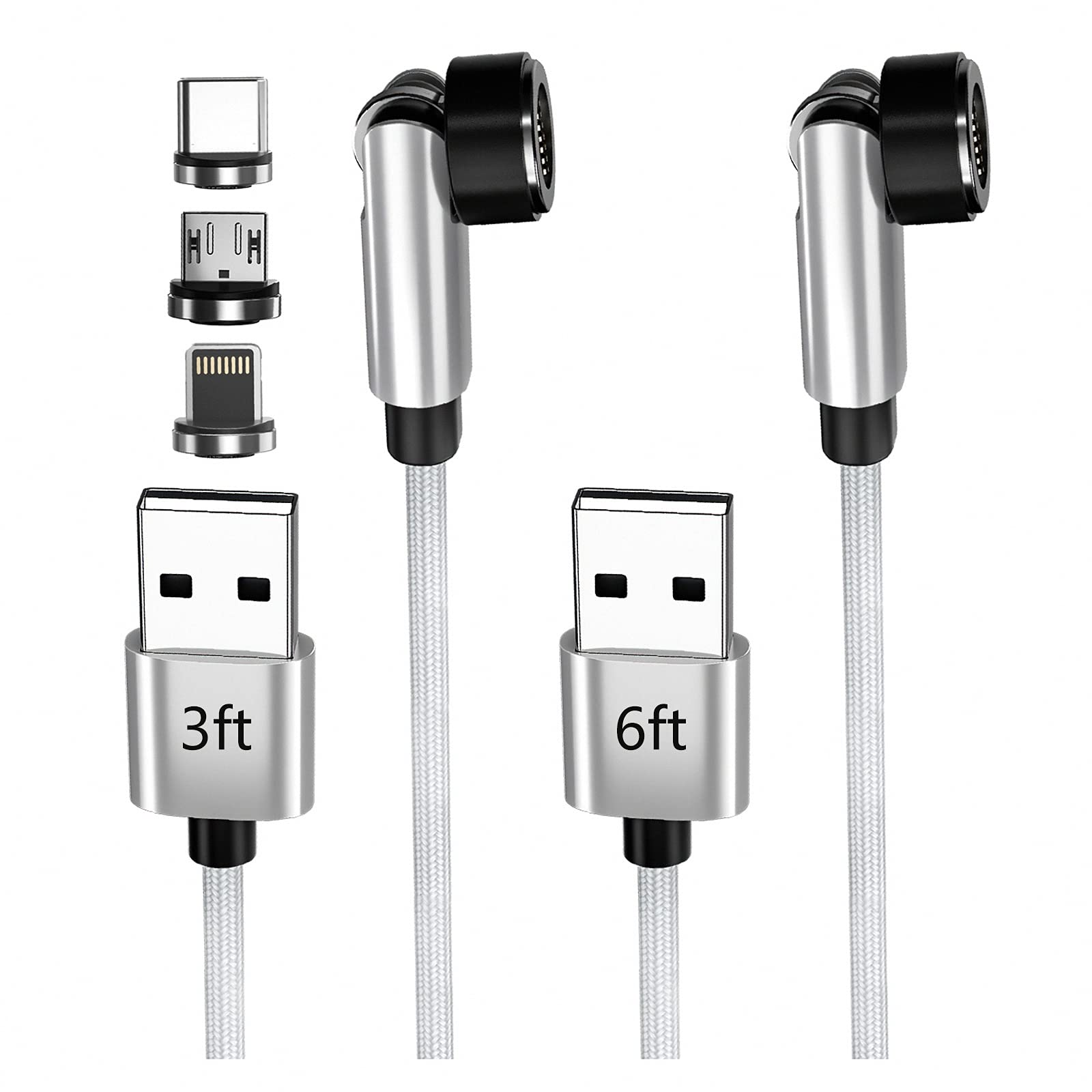 Trantuson magnetyczny kabel do ładowania (2 szt., 1 m + 2 m), kolor szary, przewód do szybkiego ładowania 3 A do typu C/USB C, Android, micro USB i innych