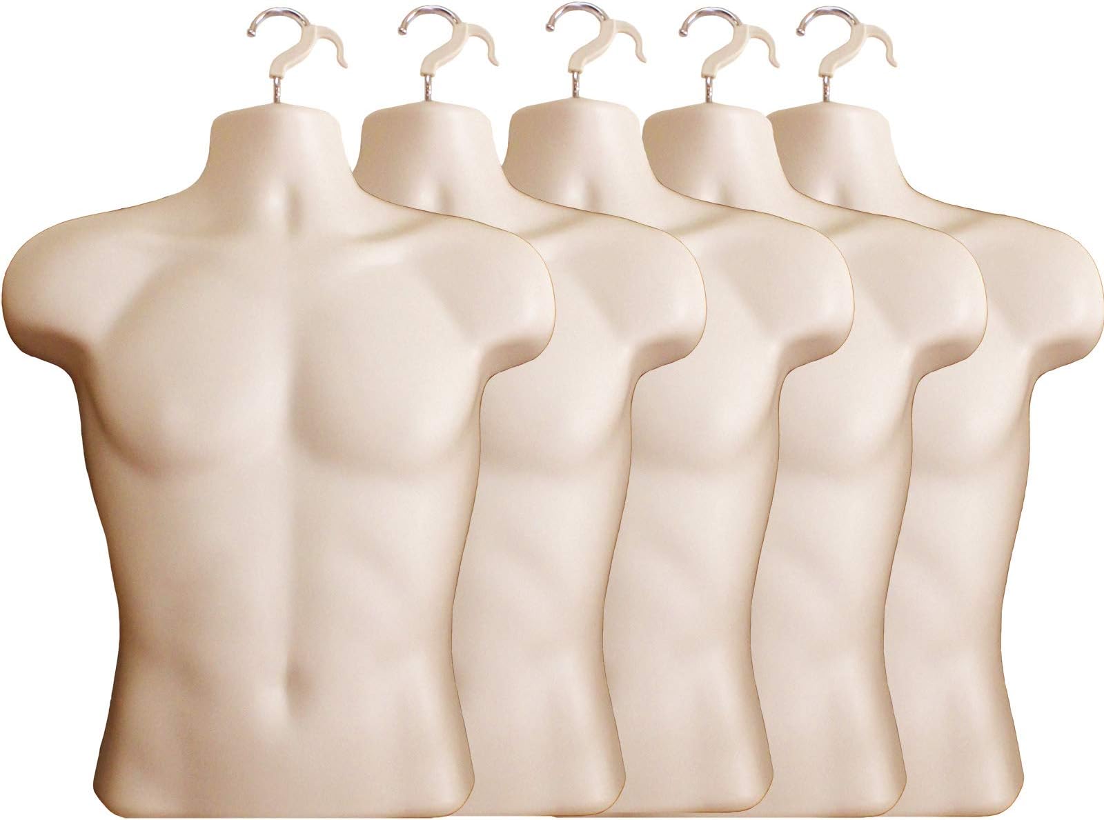 Flesh Male Mannequin Hollow Back Body Torso Dress Form & Hanging Hook, S-M Sizes (5 Pack, Flesh)
