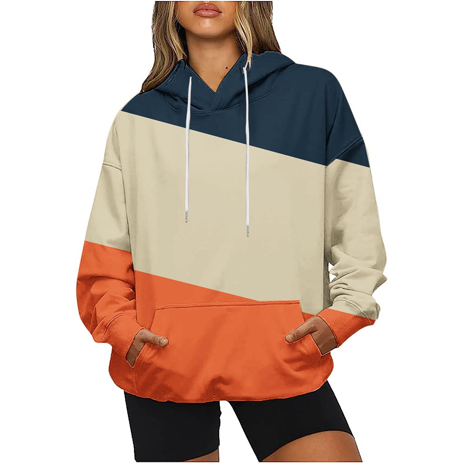 DOLKFU Oversized Sweatshirt for Women Long Sleeve Trendy Color Block Hoodies Drawstring Casual Comfy Pullover with Pocket