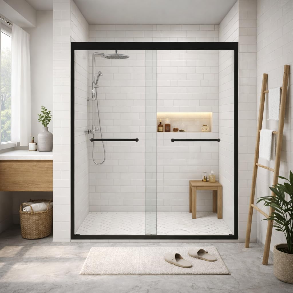 50-54" W × 72" H Tempered Glass with Explosion Proof Film, Aluminum Frame Double Sliding Shower Door, 1/4 (6 mm), Stainless Steel Handle, Matte Black