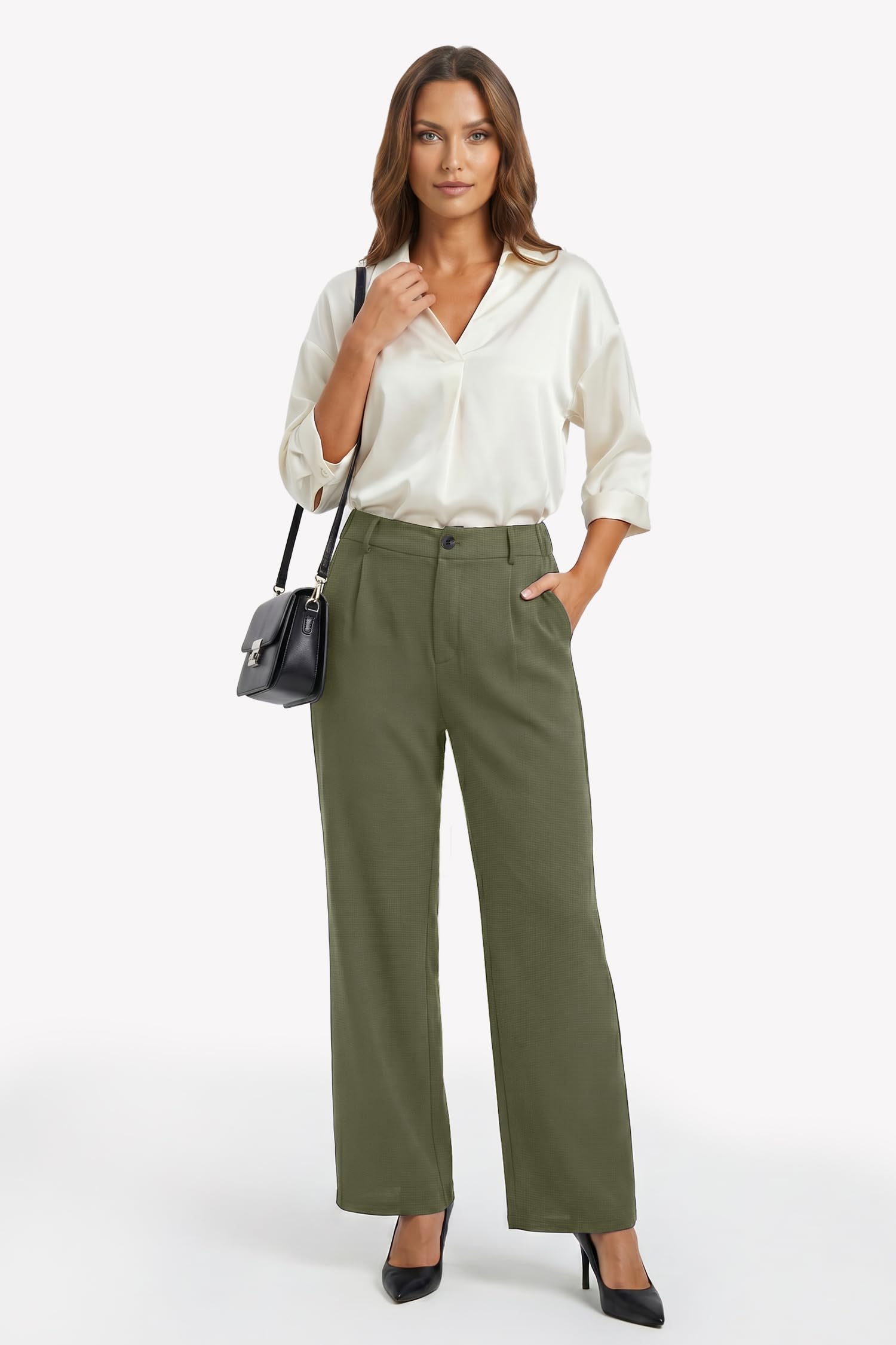 Enmain Pantalones Mujer Vestir Verano Cintura Alta Elástico Pierna Recta Ancha Antiarrugas Pantalon Palazzo Fluido Largo