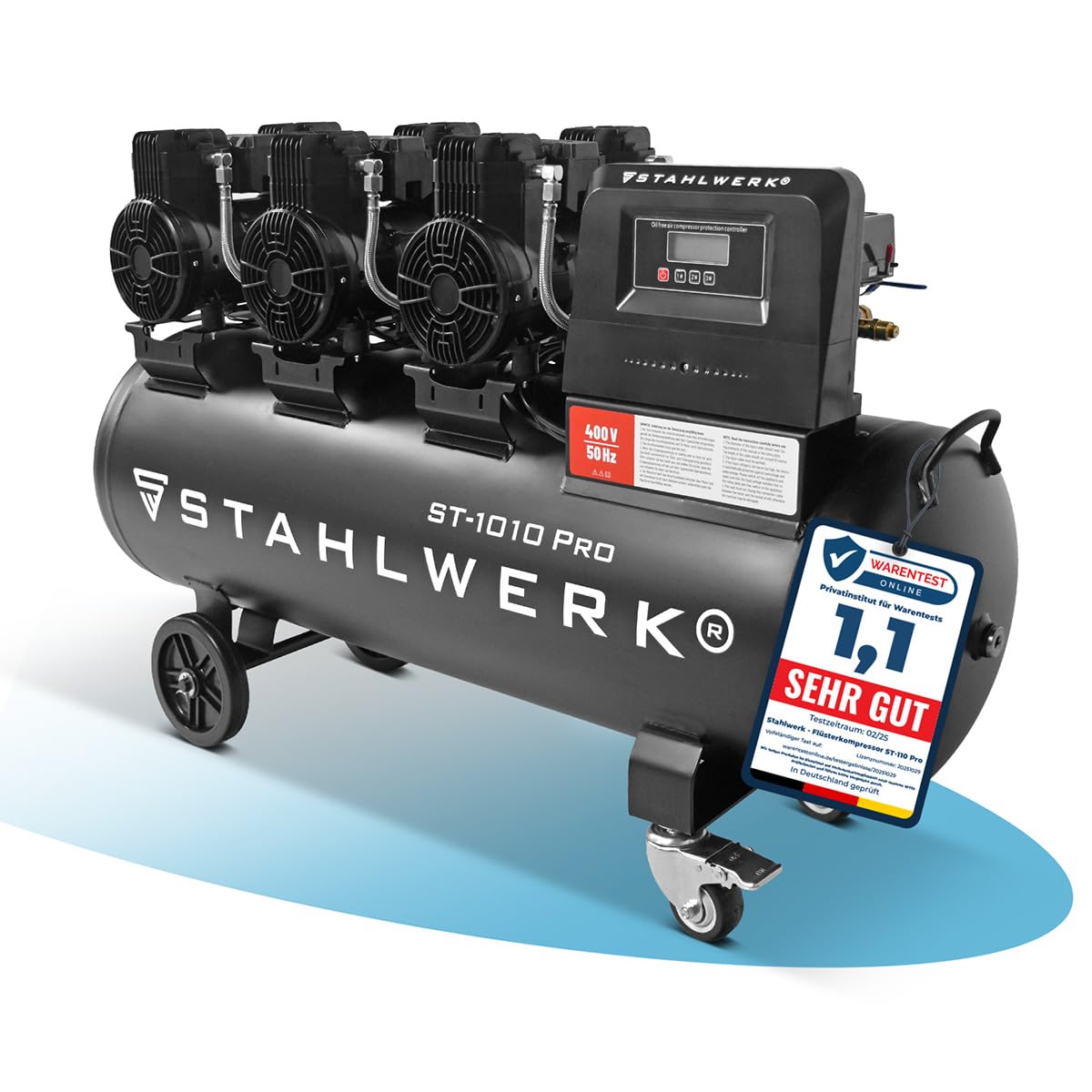 STAHLWERK Compresor con tanque de 120 L (ST-1010 Pro) – sin aceite y silencioso, 10 bar, compresor de aire con motores sin escobillas, 5,91 CV, 4,35 kW, 750 l/min, compresor de pistón silencioso