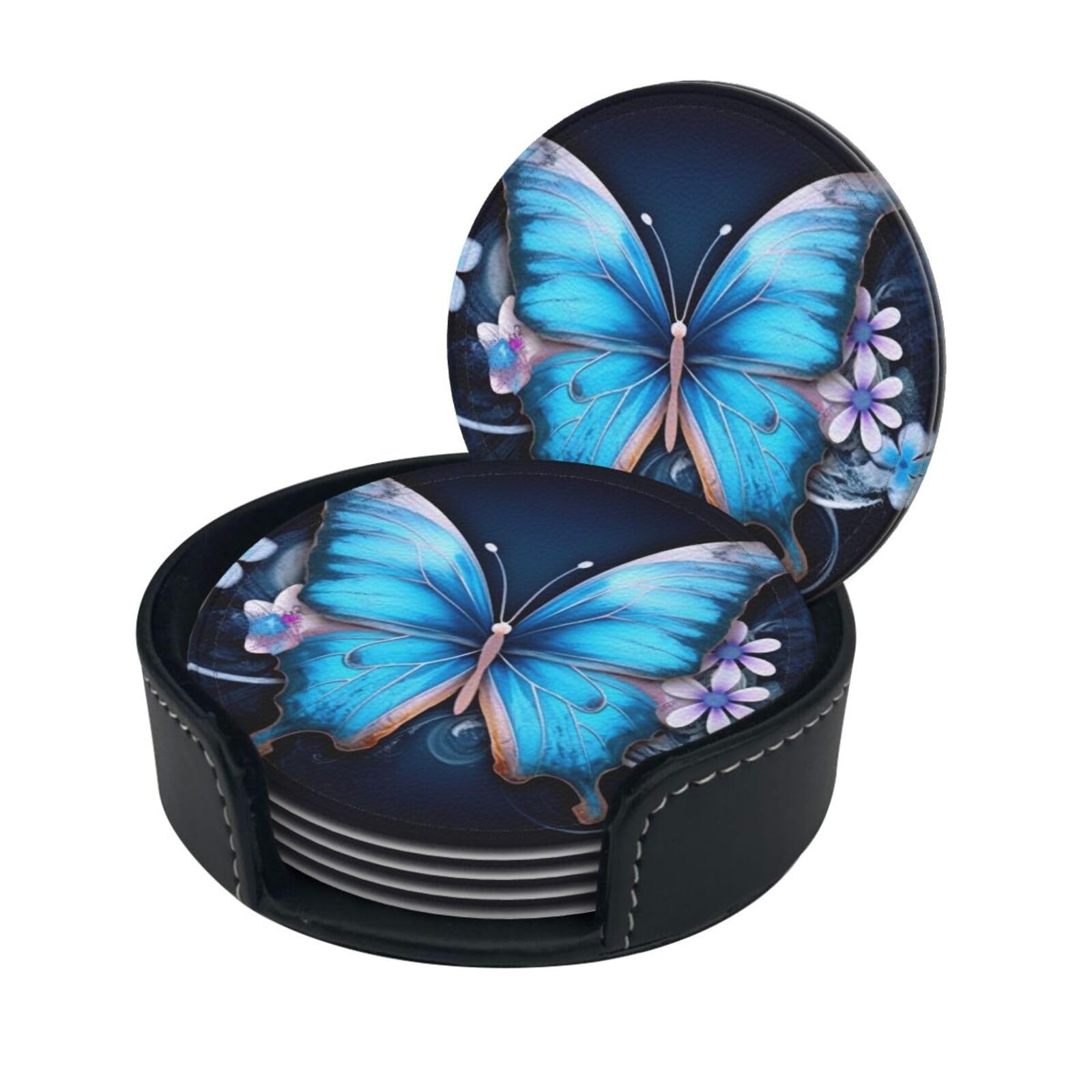 Stylish Coasters - Cute Butterfly Set of 6 Round Leather Drink Coasters with Holder - Perfect Size for Cups and Glasses