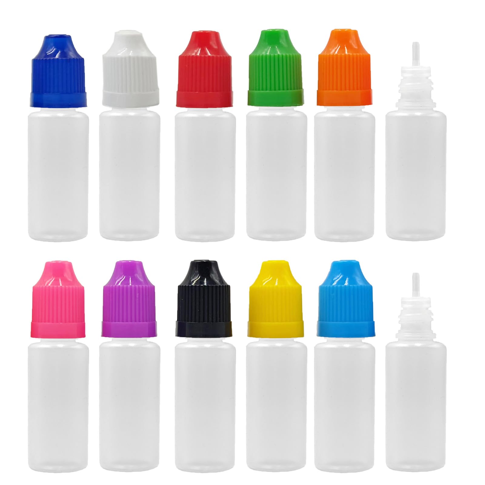XIAONAN 100 Pack x 15ml LDPE Plastic Squeezable Eye Dropper Empty Bottles (Bottles + Mixed Colour Caps + Tips)
