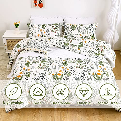Cozytide Floral Comforter Set -Cotton Comforter Sets For Queen Bed 600 Thread Count 3Pcs Floral Bedding Set With Green Botanical Leaves Printed Reversible Fluffy Spring Flower Comforter Set #TOP2