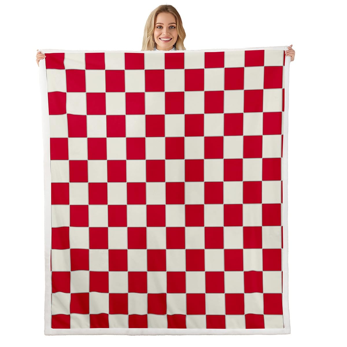 Erosebridal Plaid Throw Blanket Throw 50"X60" Beige Red Checkerboard Sherpa Blanket Geometric Checkered Fleece Bed Blanket for Kids Boys Girls, Aesthetic Grid Flannel Blanket