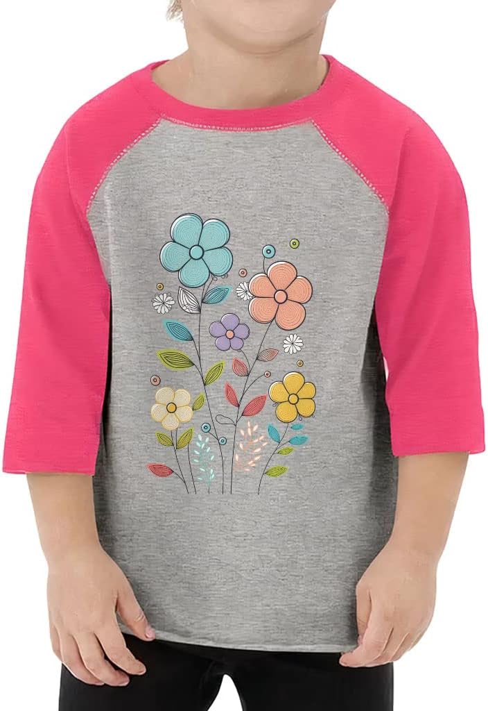 Flower Design Toddler Baseball T-Shirt - Cute 3/4 Sleeve T-Shirt - Printed Kids' Baseball Tee