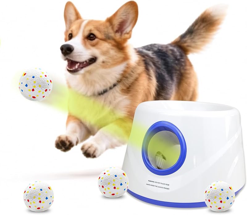 Lanzador automático de pelotas, lanzador de pelotas para perros manos libres, máquina de búsqueda para perros a distancia ajustable (19-45 pies), adecuado para perros pequeños y medianos. Lanzadores de doble uso para interiores y exteriores para padres de perros.