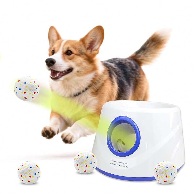 Lançador automático de bolas para cães JDXSZ com 3 modos de distância e 3 bolas ETPU, Branco