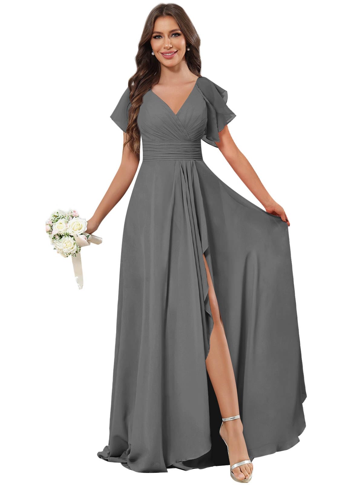 GUKARLEED Women‘s Ruffles Bridesmaid Dresses with Pockets Short Sleeve Chiffon Pleated V Neck Formal Wedding Guest Dress