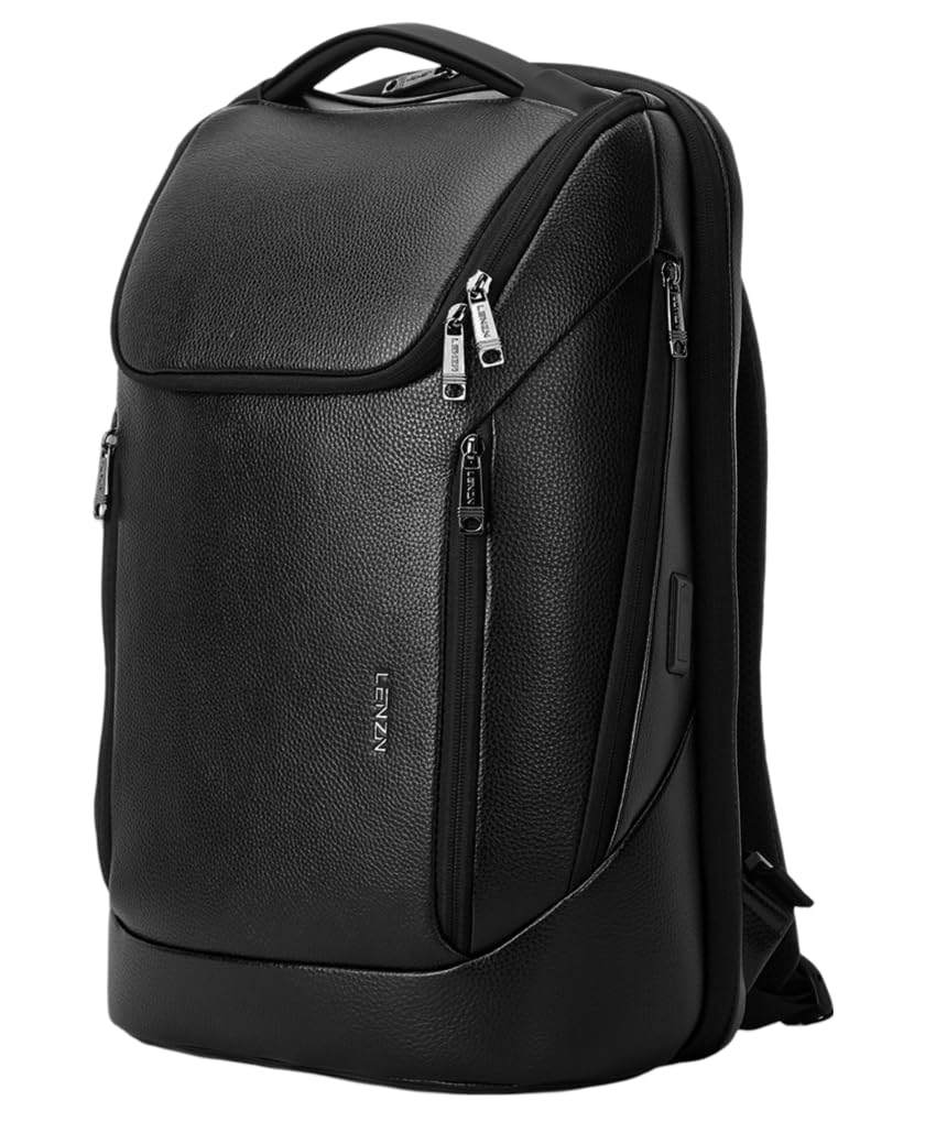 LENZN Durable Leather Laptop Business Backpack Perfect for Men & Women, Work Backpack Fits 15.6 Inch, Premium Quality Travel Bag with USB Charging
