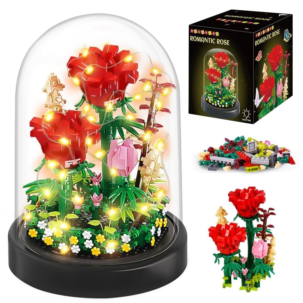 Dhqkqg Mini Rose Flower Bouquet Building Sets, Flower Bouquet Building Kit with LED Lighting, Rose Sets with Dust-Proof Dome