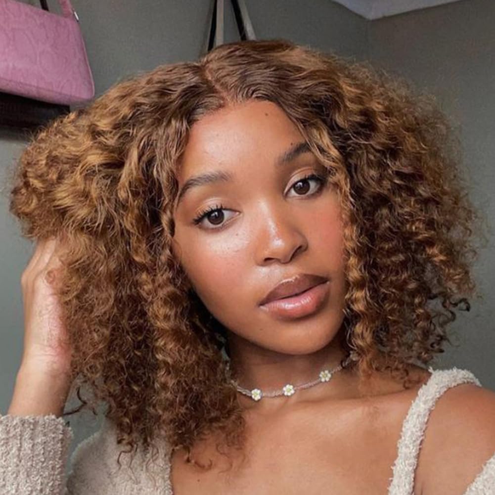 Curly Bob Wig Human Hair Short Deep Wave Lace Front Wig for Black Women 10 inch Mixed Brown T Part Wig Jerry Curl Bob Wig 150% Density (Color: P4/30)
