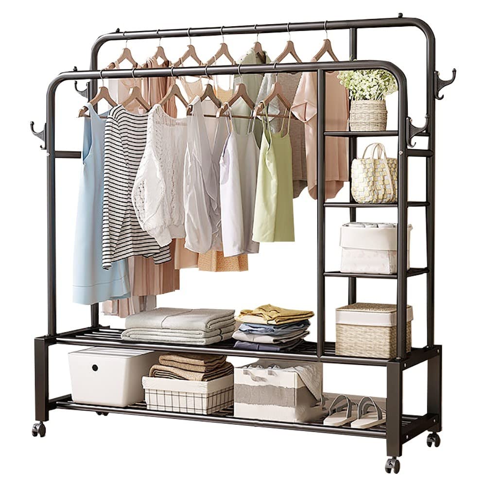 MYUYEE Metal Coat Rack Stand, 3-In-1 Design Coat Stand With 2-Tier Shoe Stand, With 4 Hooks, Maximum Load 150Kg, For Living Room, Hallway, Bedroom, L:110Cm/130Cm/150Cm, Easy To(Black-150Cm)