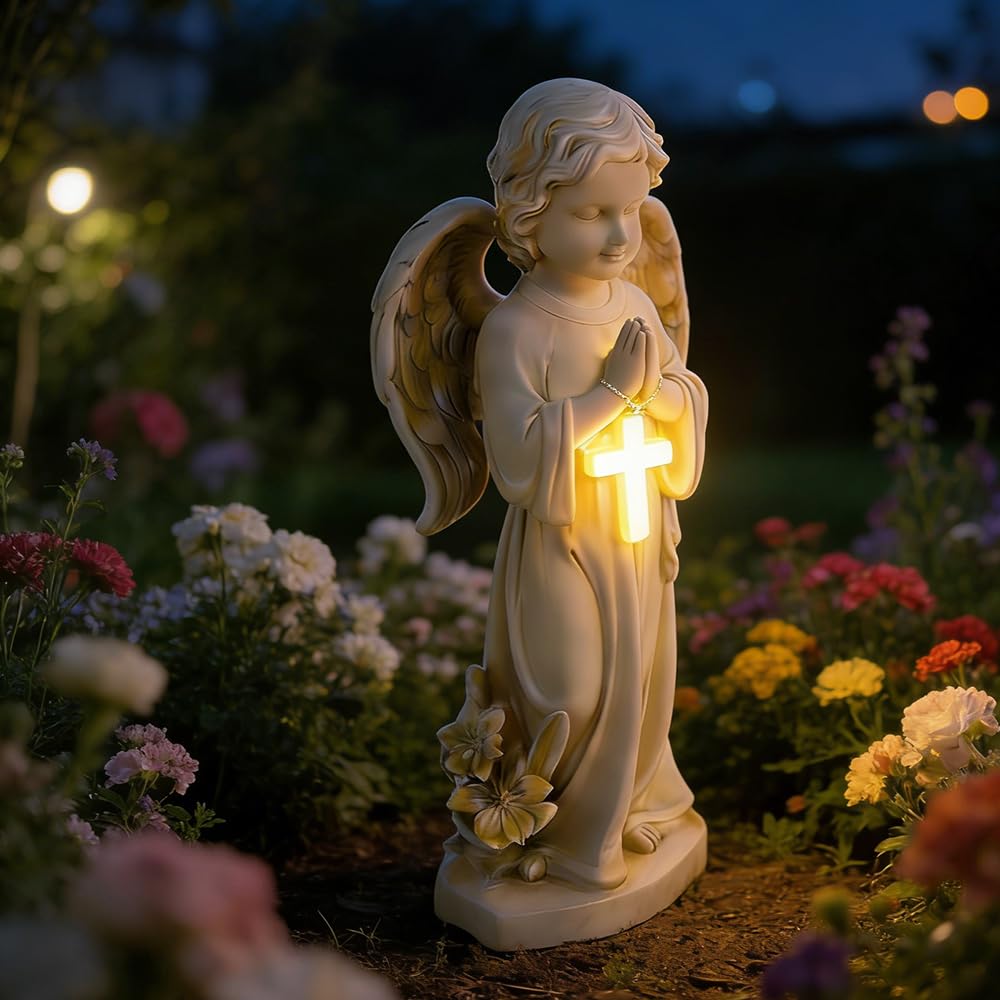 Statue d'ange solaire de jardin étanche avec éclairage LED blanc chaud pour extérieur