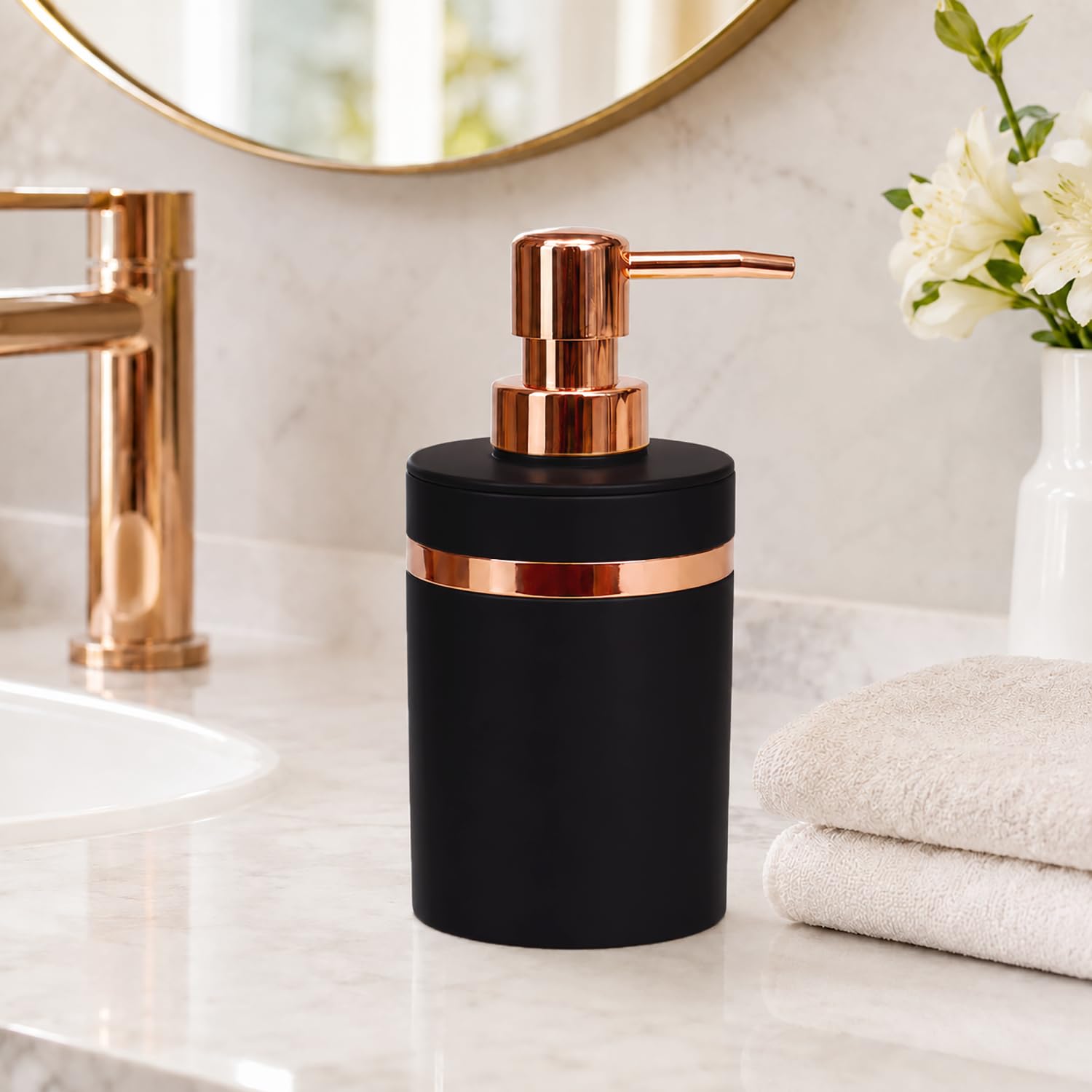 Luxe Home International Rosegold & Black Plastic Soap Dispenser for Bathroom and Kitchen Sink Leak Proof Liquid Hand Wash Round Bottle Lightweight Smooth Finish (16x8 cm Rosegold & Black) Pack of 1-picture-30