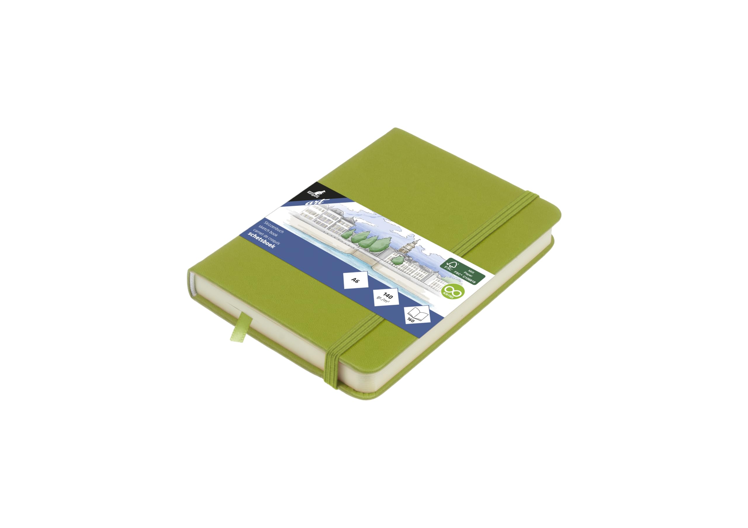 Kangaro Art Sketchbook A6 Lime Green PU Hard Cover 80 Sheets 140 g Cream Paper with Elastic Band and Ribbon
