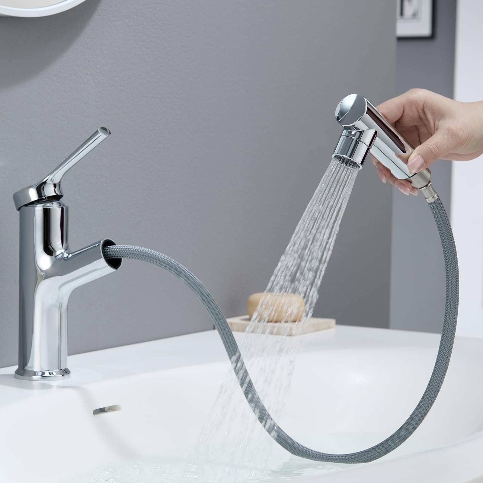 CECIPA Grifo Lavabo baño Cromo con ducha extraíble para lavar el cabello | Grifo Lavabo Grifo de alta presión para lavabo de baño,2 Modos de Flujo de Agua Cromo