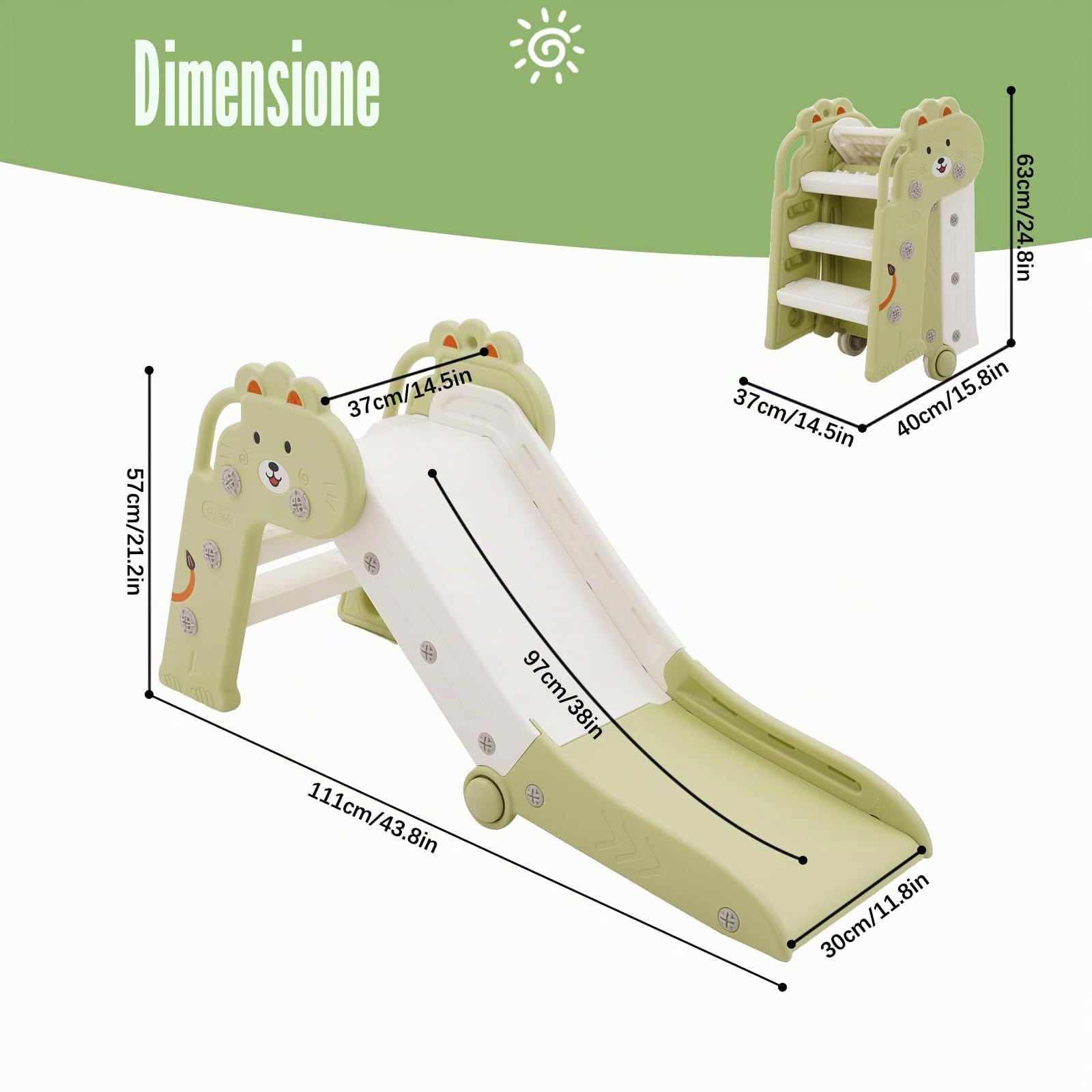 HOMCENT Scivolo per bambini, pieghevole, interni, scivolo da giardino, scivolo per bambini, angoli arrotondati, consente di risparmiare spazio, verde