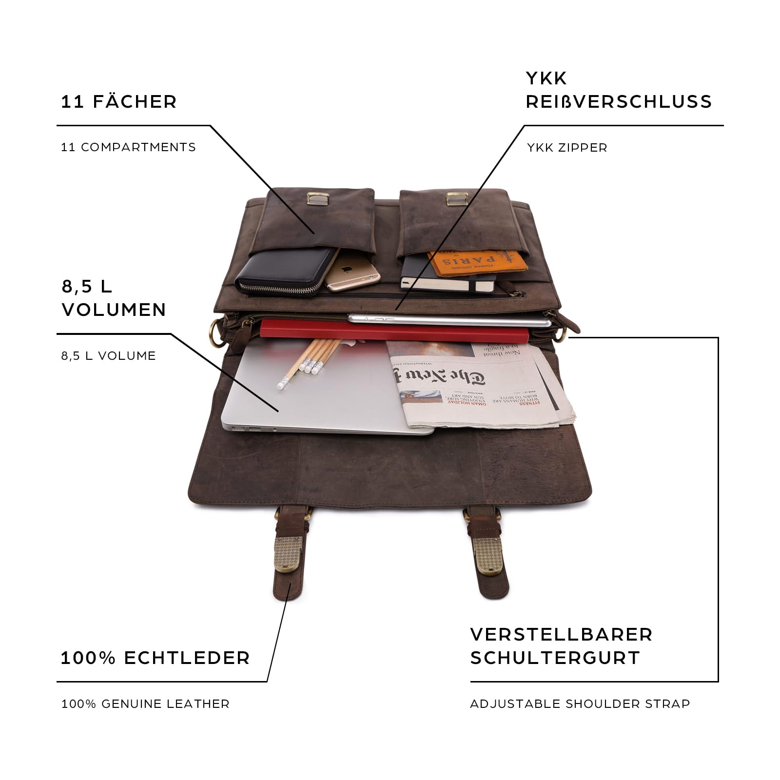 LEABAGS Borsa documenti per uomo e donna | Custodia per laptop in vera pelle 15" | Borsa a tracolla con tracolla | Borsa messenger | Borsa da lavoro