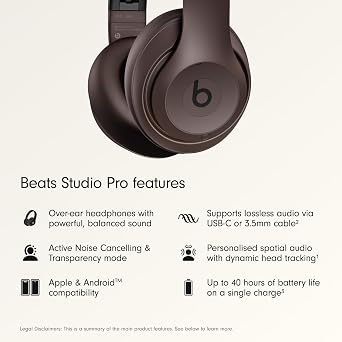 Beats Studio Pro Premium Wireless Over-Ear Headphones- Up to 40-Hour Battery Life, Active Noise Cancelling, Great for Travel & Commuting, USB-C Lossless Audio, Apple & Android Compatible - Deep Brown