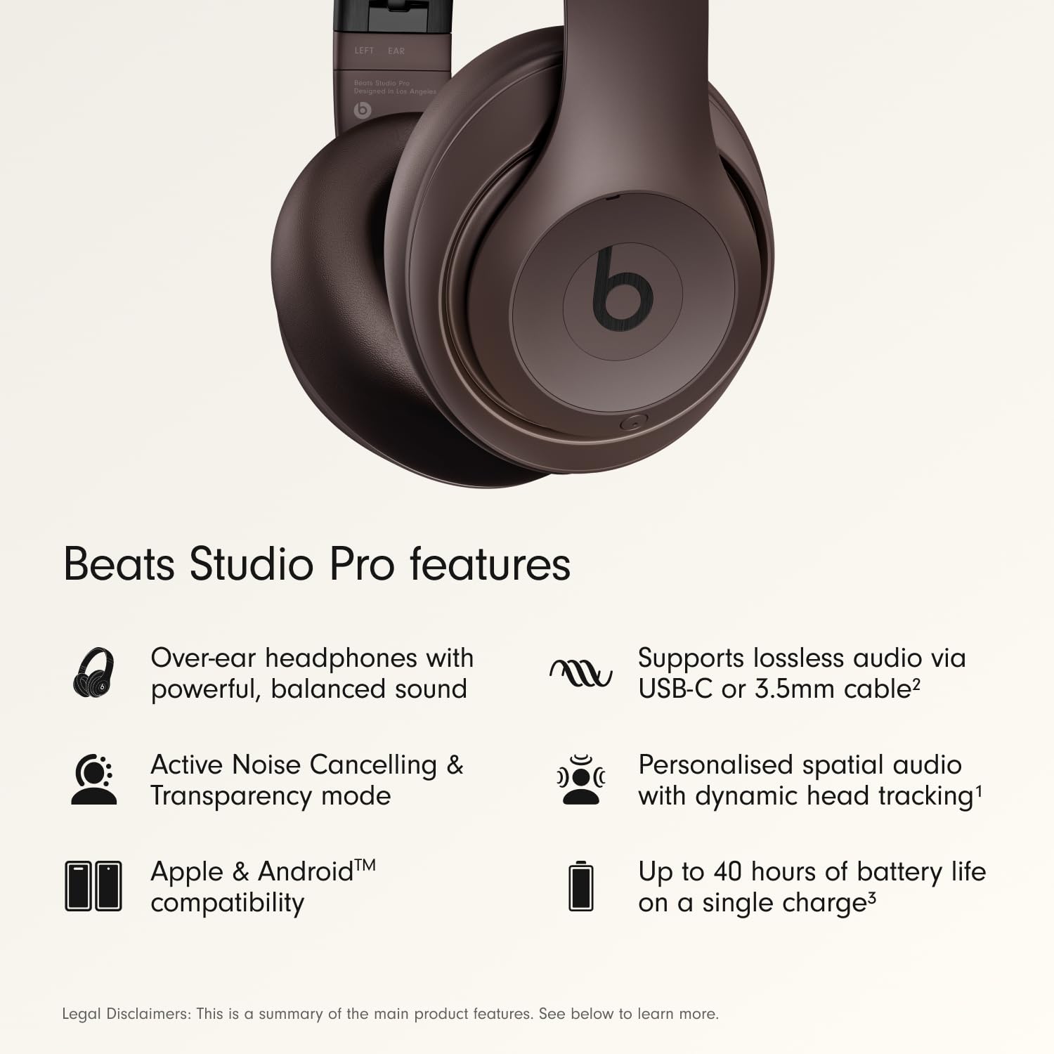 Beats Studio Pro-Premium Wireless Over-Ear Headphones- Up to 40-Hour Battery Life, Active Noise Cancelling, USB-C Lossless Audio, Apple & Android Compatible- Sandstone: Deep Brown Standalone