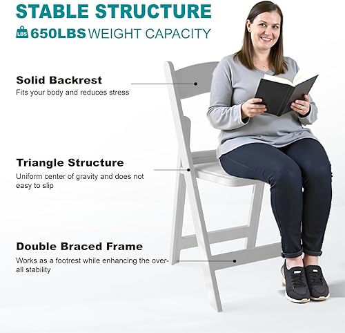 Miniatura 4 de Paquete de 4 sillas plegables blancas, cómodas sillas de resina, silla plegable con cojín, silla plegable ligera para interiores y exteriores, para