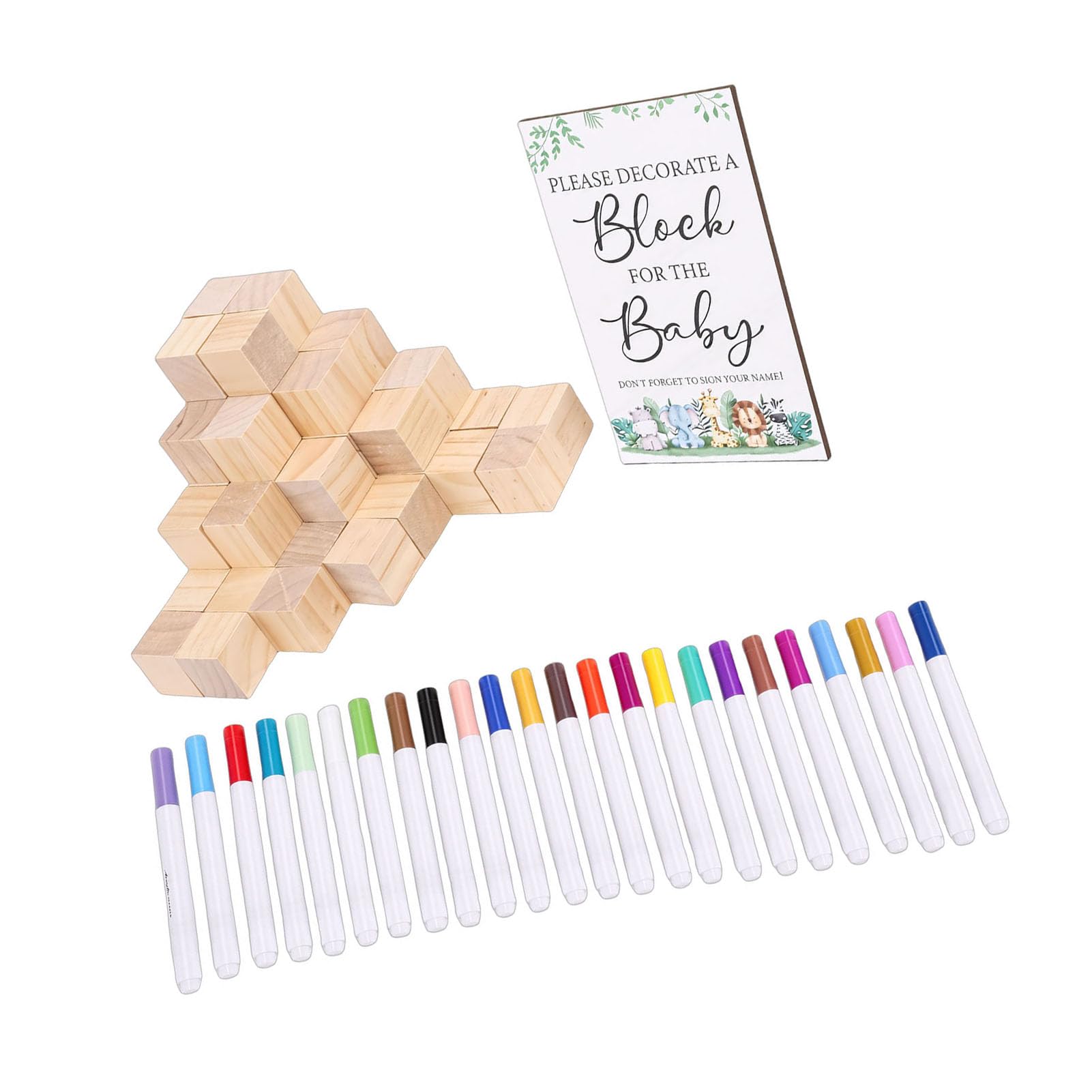 Tissting Kit Giochi per Baby Shower 75 Pezzi - Blocchi in Legno da Decorare con 24 Pennarelli Acrilici per Feste di Rivelazione del Sesso, 3.5x3.5x3.5cm (1.38x1.38x1.38in) ciascuno