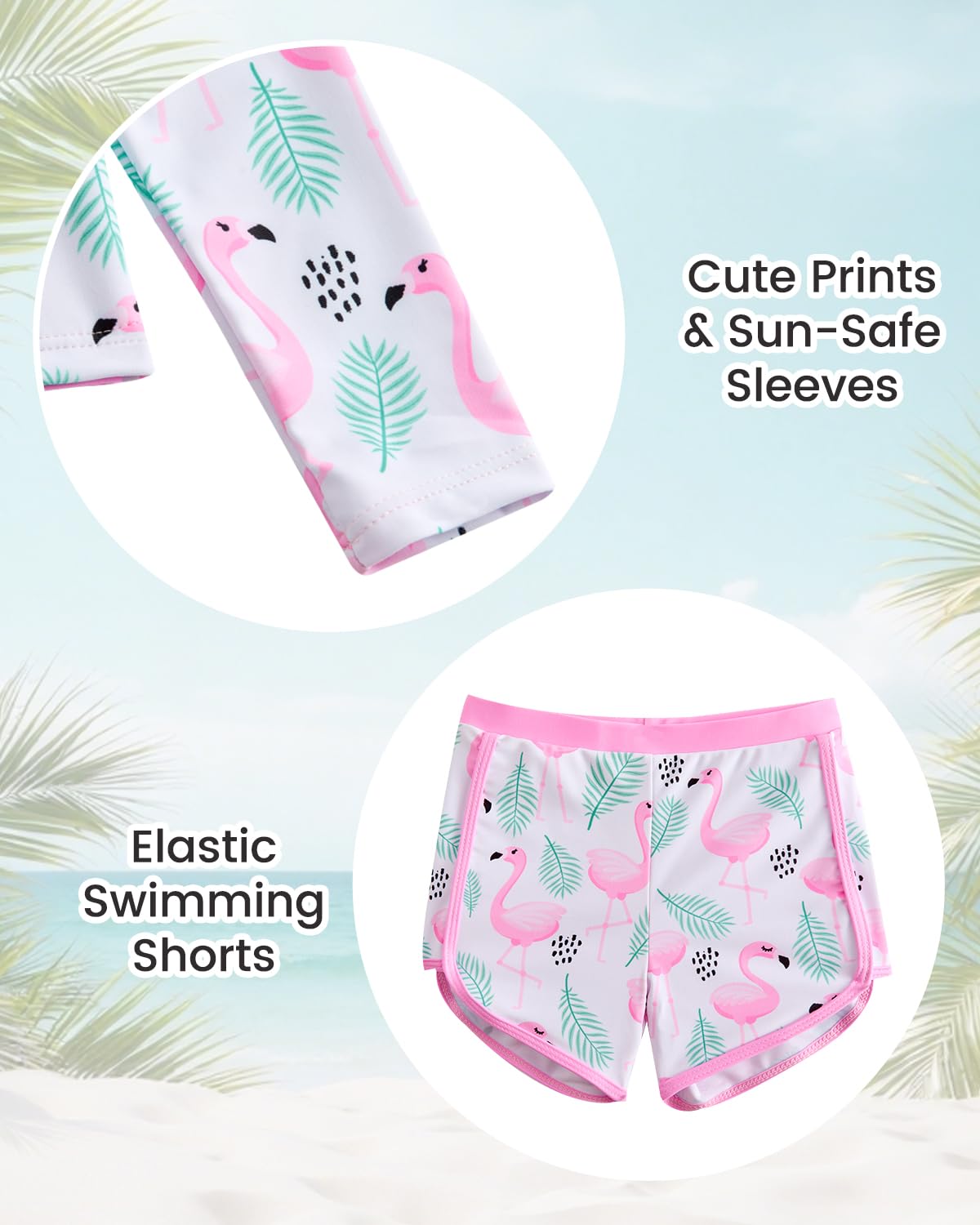 JiAmy Traje de baño de 2 piezas para niñas, conjunto de camiseta de manga larga, protección solar UV, traje de baño con pantalones cortos, media cremallera, teñido anudado, sirena, unicornio, flamenco