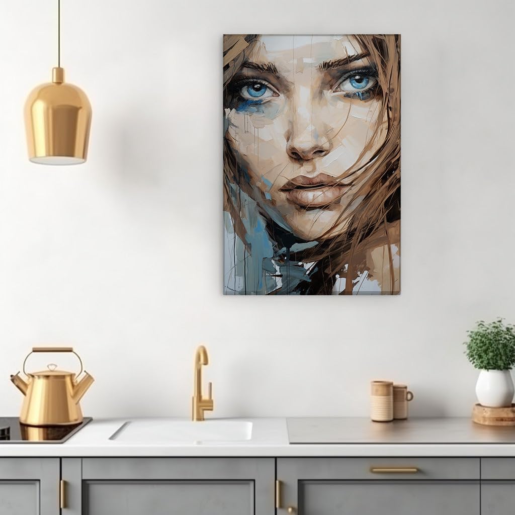 Canvas for Living Room. Gaze into The Abyss: Unveiling The Digital Portrait of a Blue-Eyed Enchantress, 27 x 18 inch Canvas Wall Art - Contemporary Masterpieces - Modern Home Decor